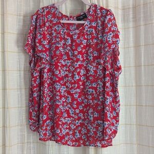 Red And Blue Floral Blouse With Button Back And Short Sleeves, NWOT  Size 3X